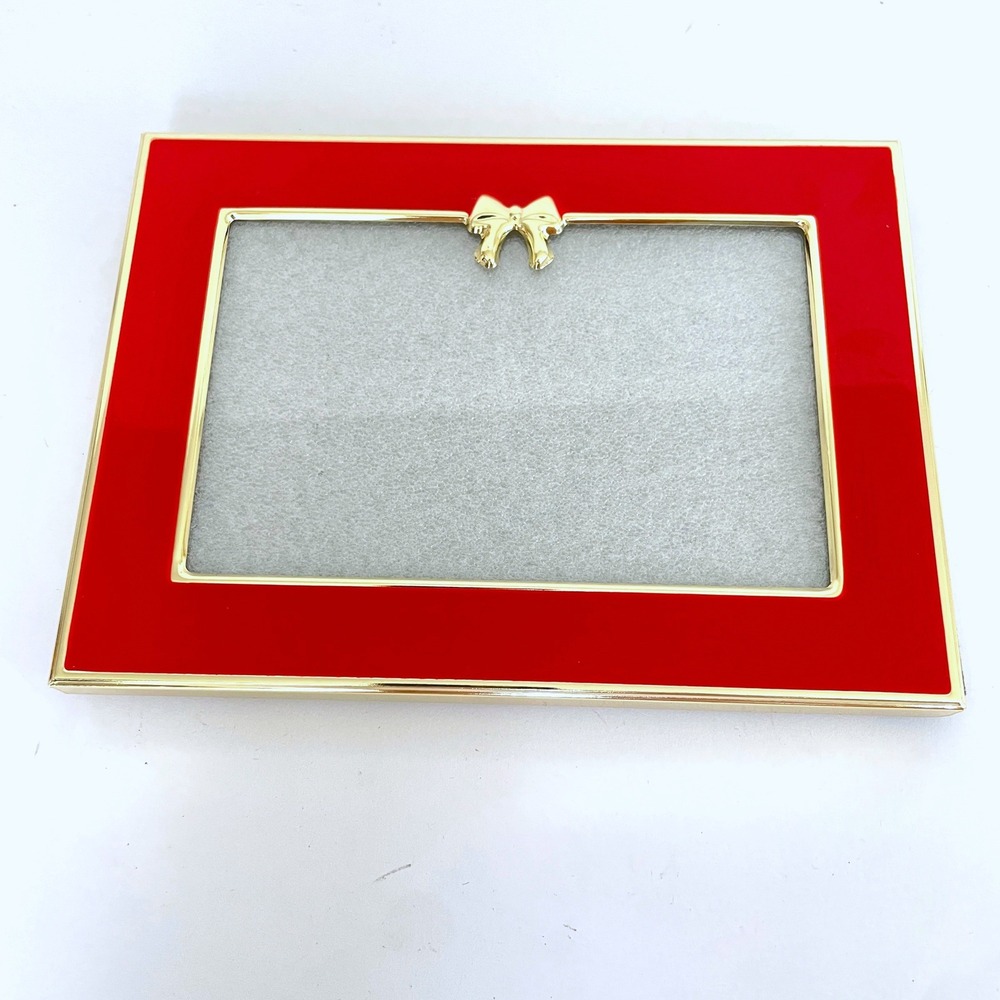 Vintage Red Enamel Gold Tone Bow Picture Frame 4x6 Landscape Tabletop Wall Decor